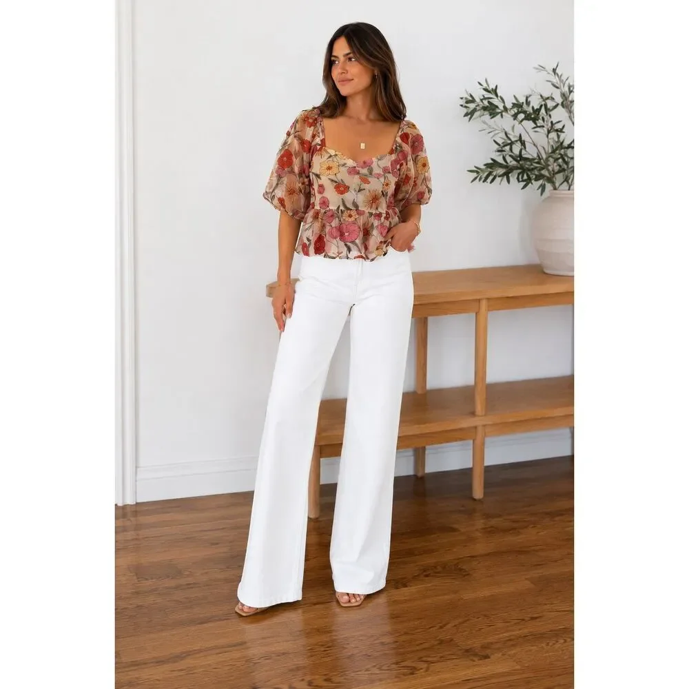 Saltwater Luxe Floral Embroidered Cropped Peplum Top in Beige Multi Size L